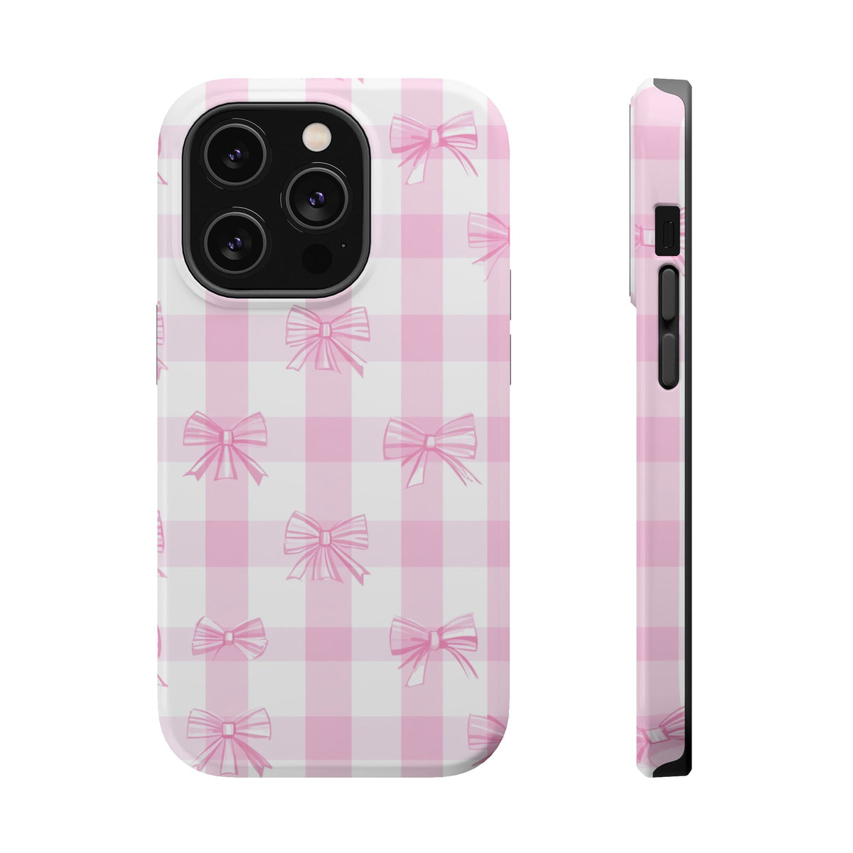 Pink Bow Gingham MagSafe case for iPhone 14 Pro, glossy finish
