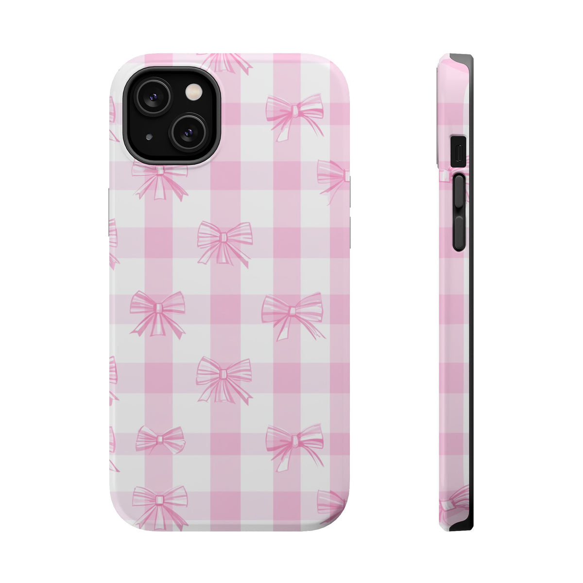 Pink Bow Gingham MagSafe case for iPhone 14 Plus, glossy finish