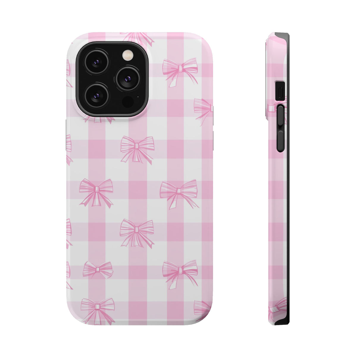 Pink Bow Gingham MagSafe case for iPhone 14 Pro Max, glossy finish