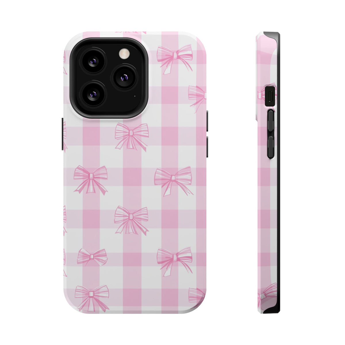 Pink Bow Gingham MagSafe case for iPhone 13 Pro, glossy finish