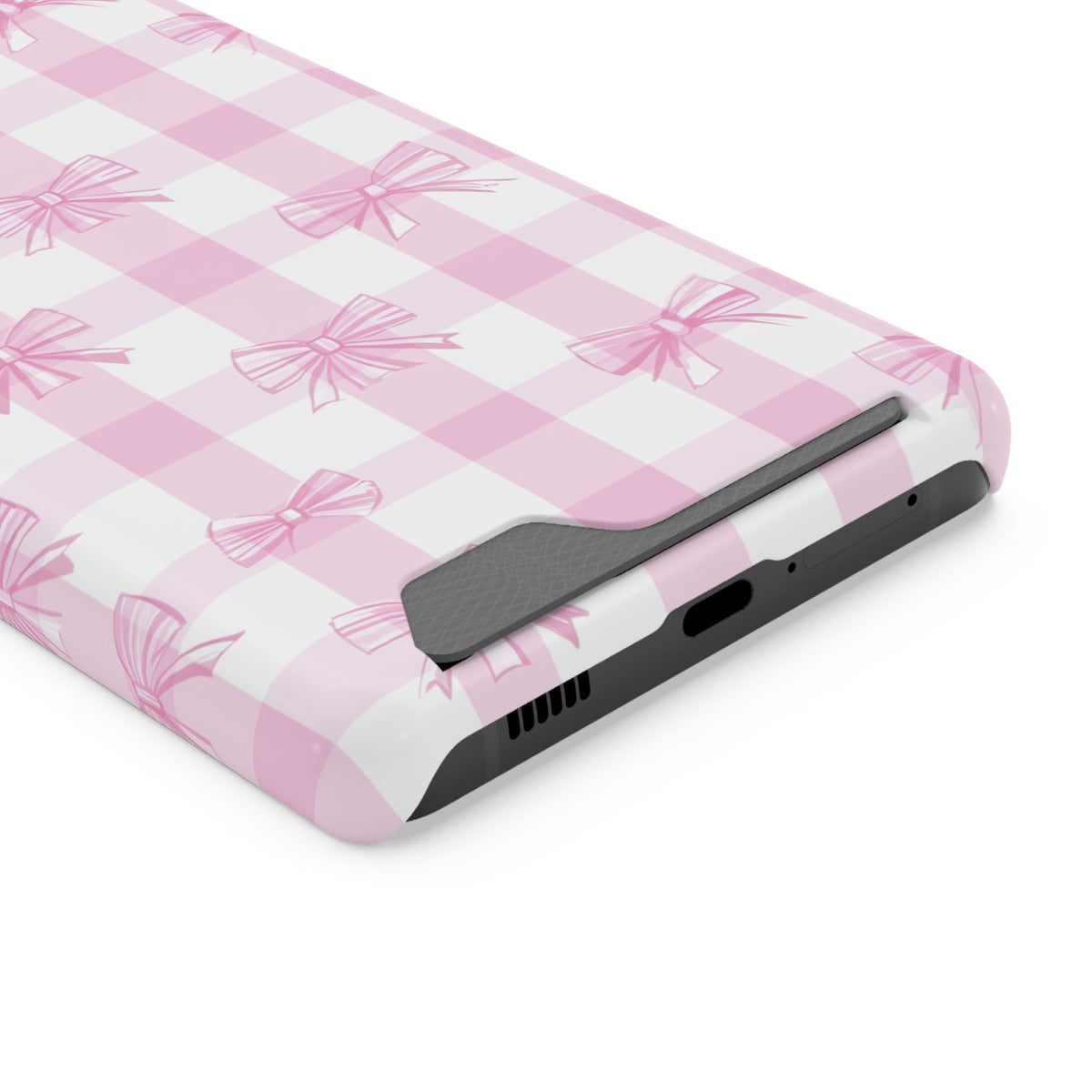 Pink Bow Gingham phone case with card holder for Samsung Galaxy S21 Ultra, glossy finish