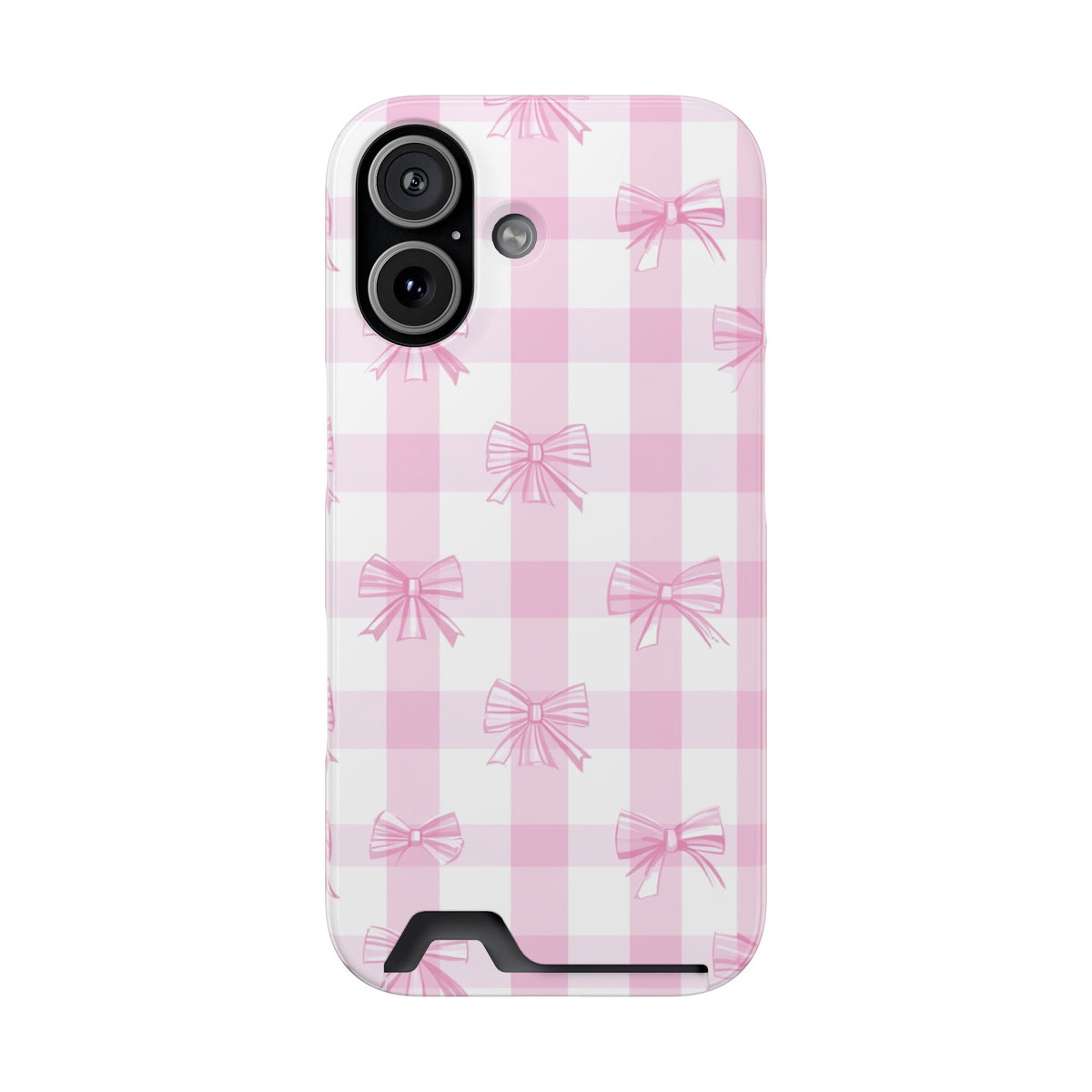 Pink Bow Gingham phone case with card holder for iPhone 17, glossy finish