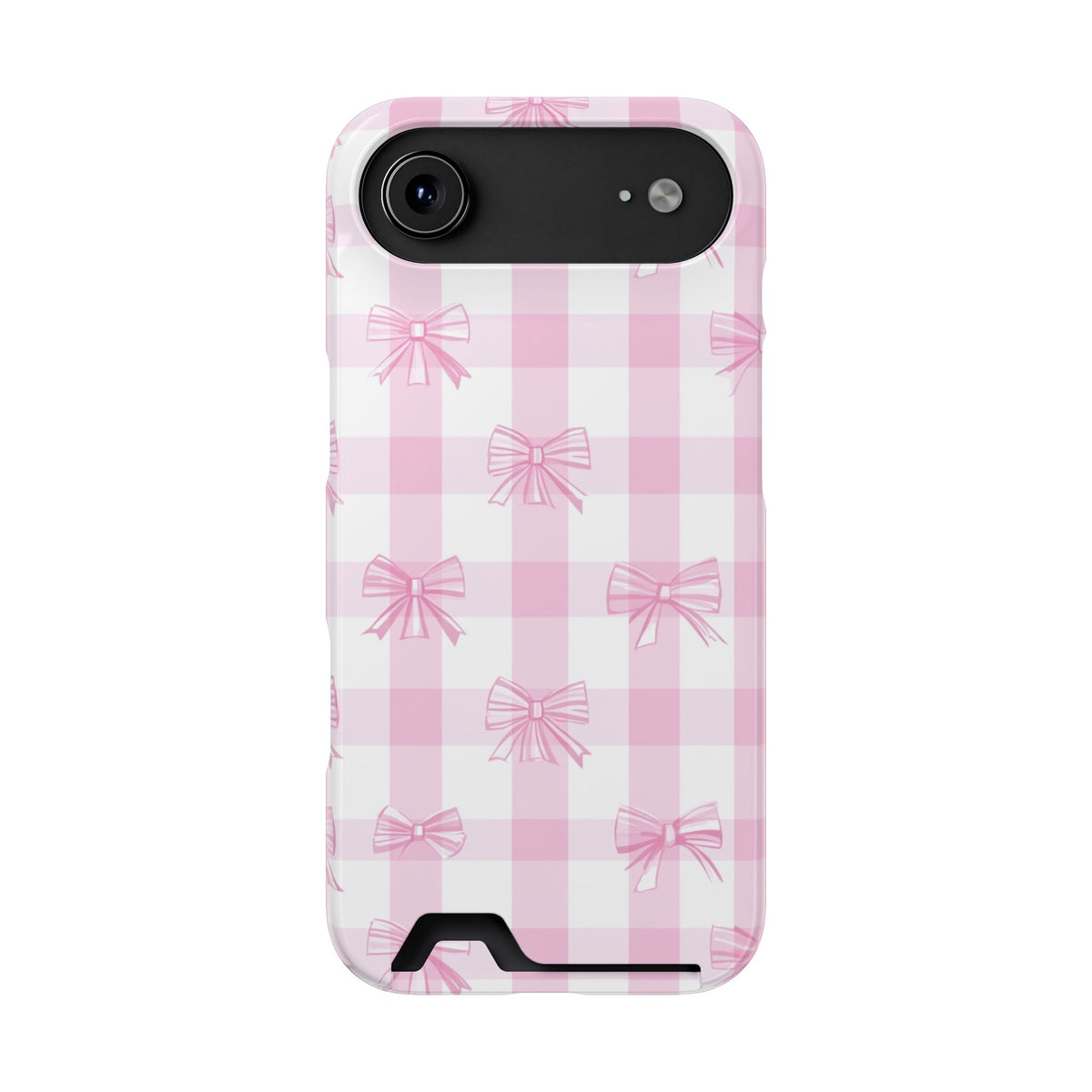 Pink Bow Gingham phone case with card holder for iPhone 17 Air, glossy finish