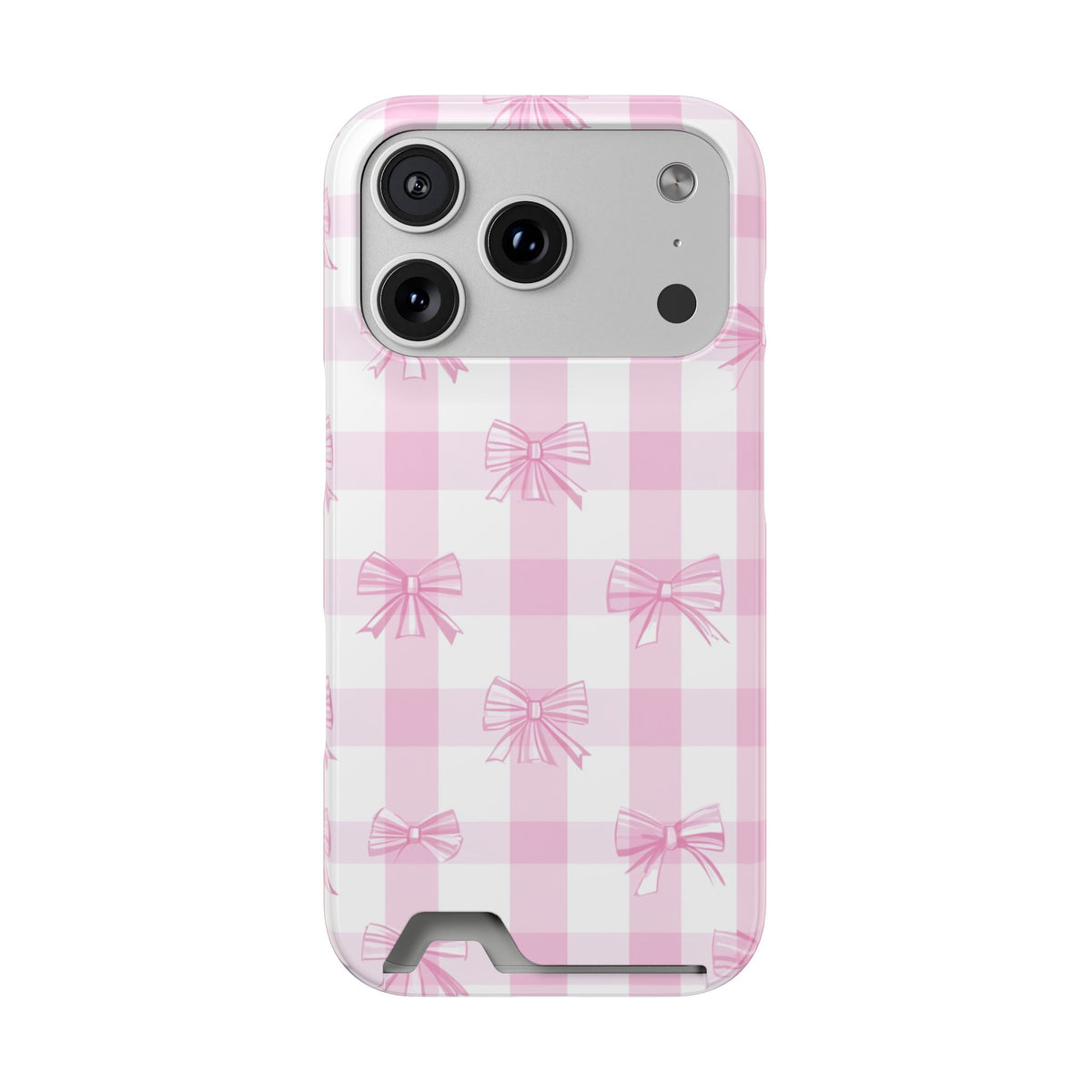 Pink Bow Gingham phone case with card holder for iPhone 17 Pro, glossy finish