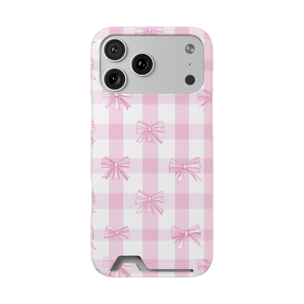 Pink Bow Gingham phone case with card holder for iPhone 17 Pro Max, glossy finish