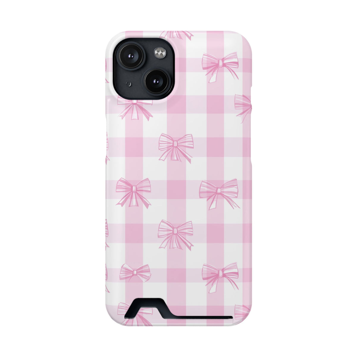 Pink Bow Gingham phone case with card holder for iPhone 14, glossy finish