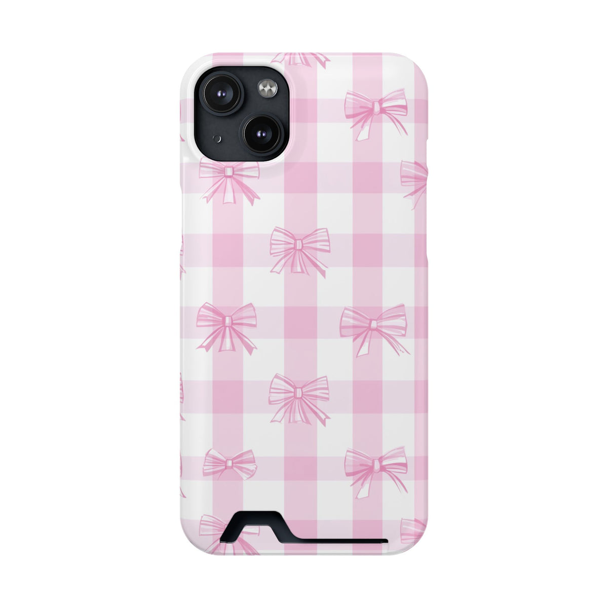 Pink Bow Gingham phone case with card holder for iPhone 14 Plus, glossy finish