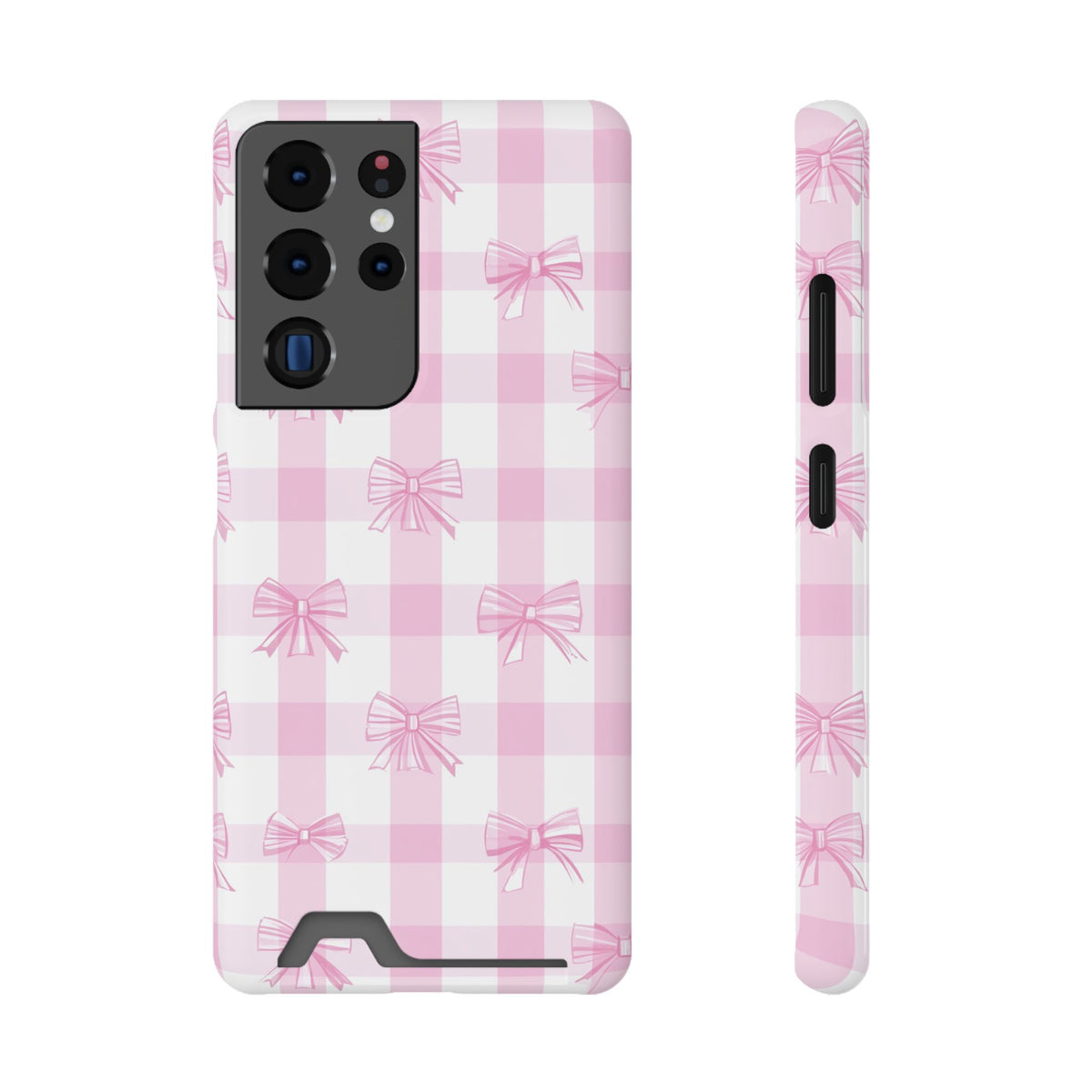 Pink Bow Gingham phone case with card holder for Samsung Galaxy S22 Plus, glossy finish