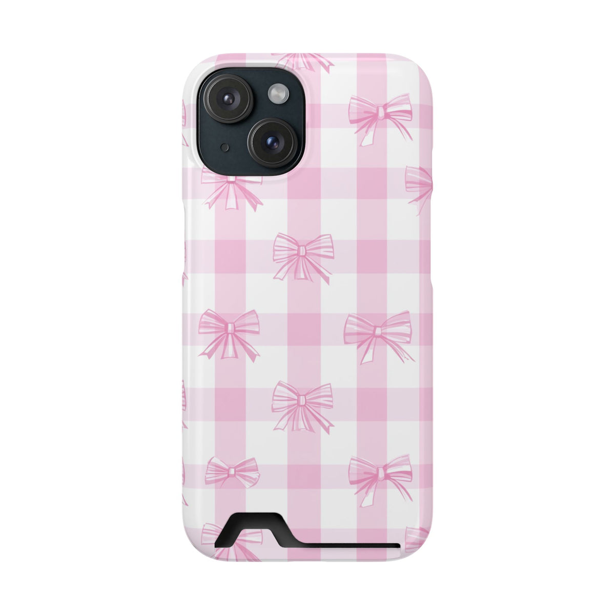 Pink Bow Gingham phone case with card holder for iPhone 15, glossy finish