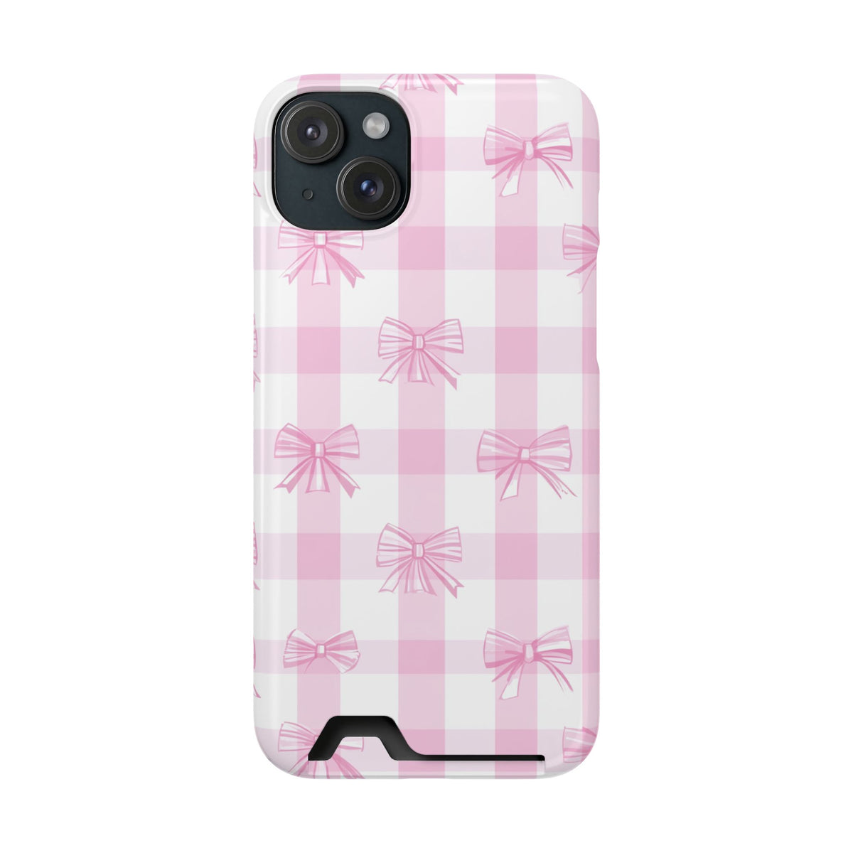 Pink Bow Gingham phone case with card holder for iPhone 15 Plus, glossy finish