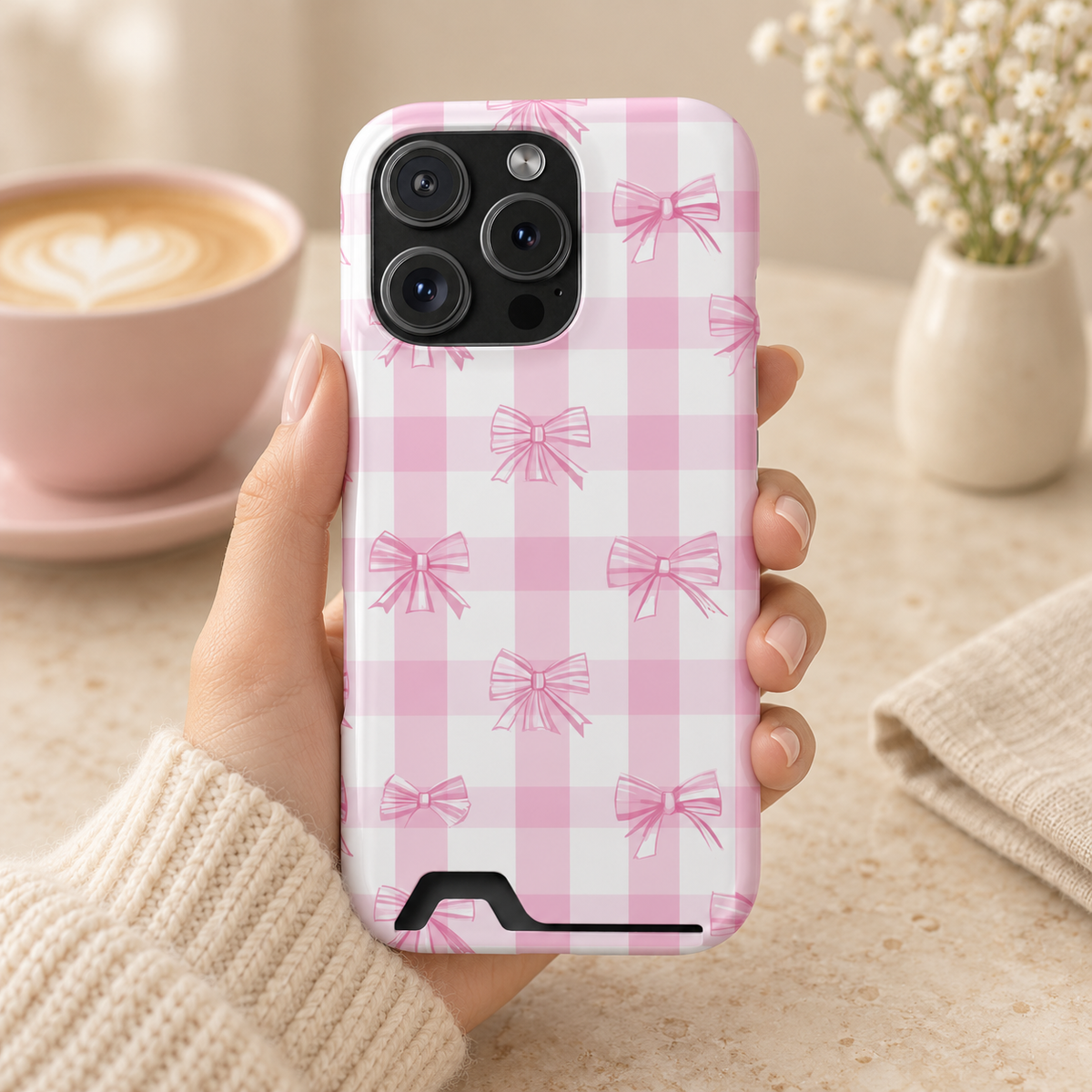 Pink Bow Gingham phone case with card holder, soft pink gingham with little pink bows, lifestyle photo in hand with coffee