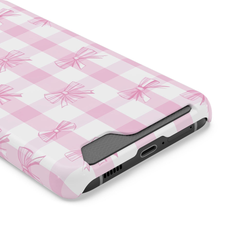 Pink Bow Gingham phone case with card holder, close-up of the card slot