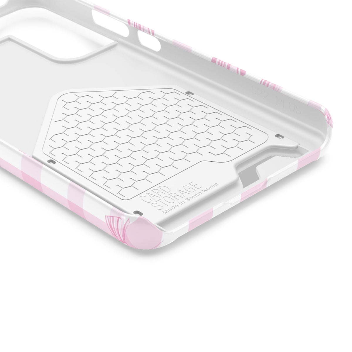 Pink Bow Gingham phone case with card holder, close-up of the inside