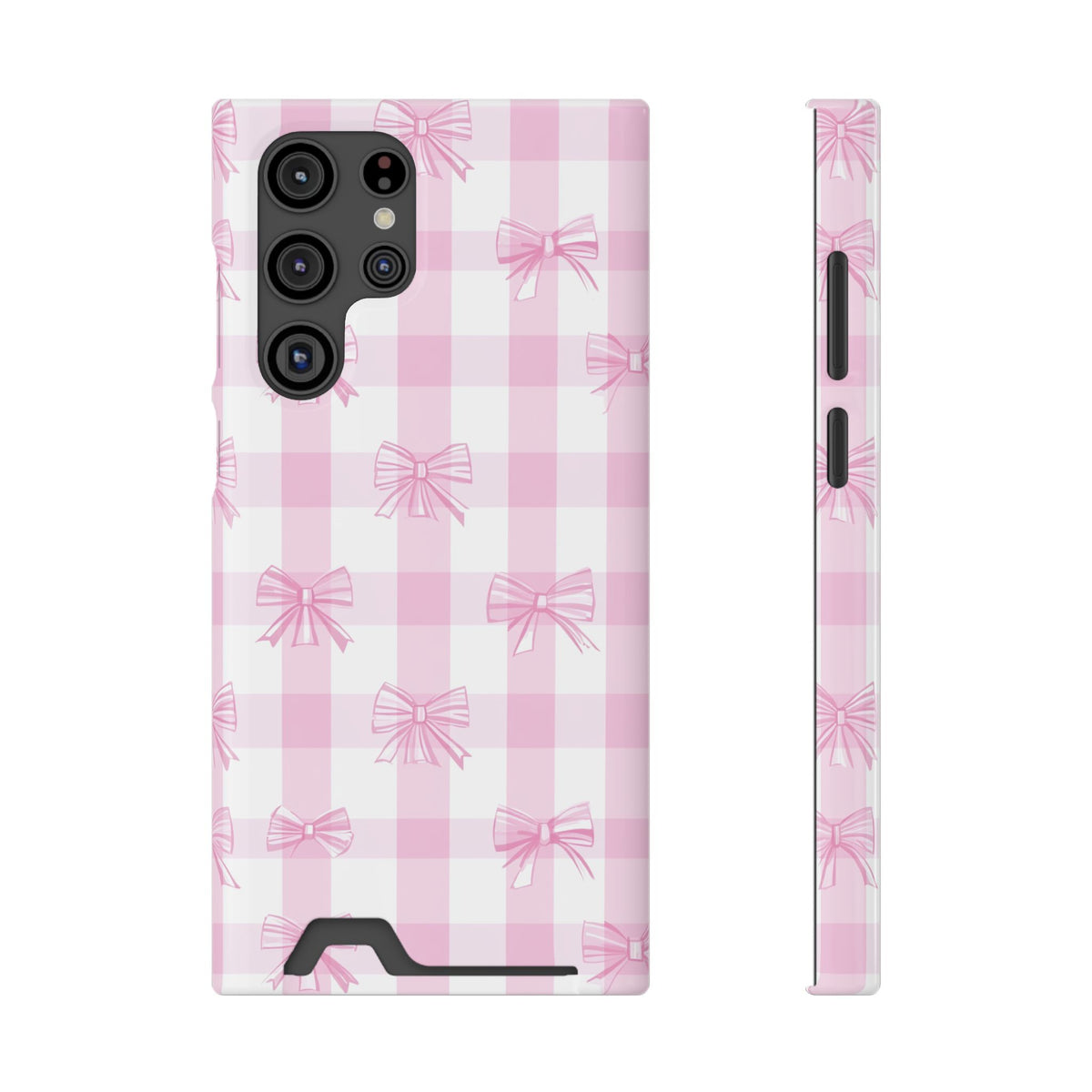 Pink Bow Gingham phone case with card holder for Samsung Galaxy S22 Ultra, glossy finish