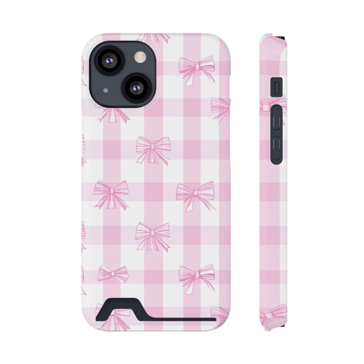 Pink Bow Gingham phone case with card holder for iPhone 13 Mini, glossy finish