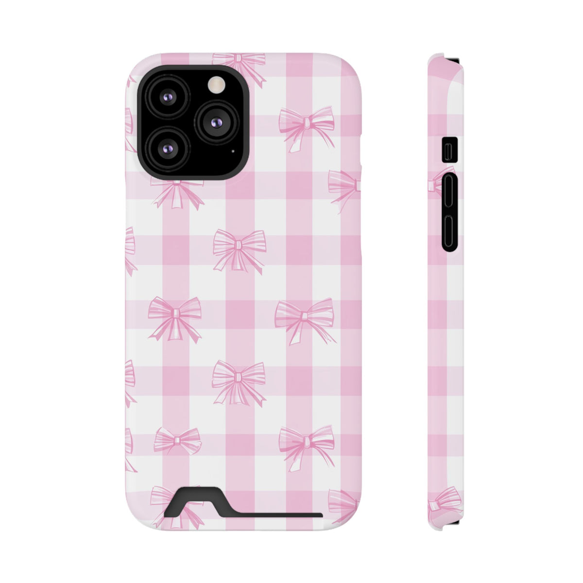 Pink Bow Gingham phone case with card holder for iPhone 13 Pro Max, glossy finish