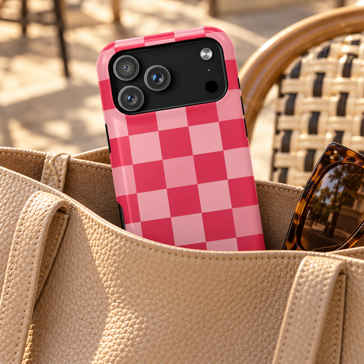 Pink Checkerboard protective phone case, a pink and raspberry checkerboard, lifestyle photo in a handbag