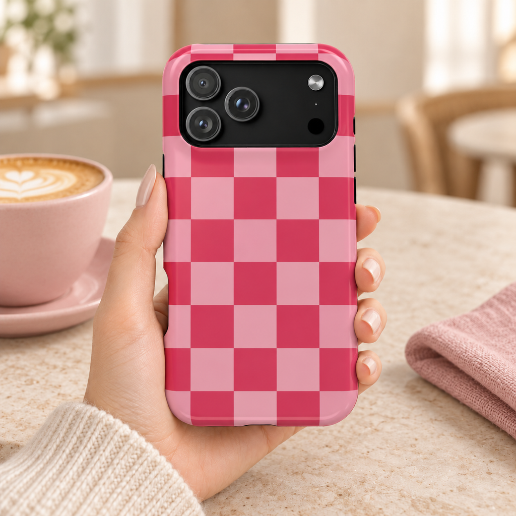 Pink Checkerboard protective phone case, a pink and raspberry checkerboard, lifestyle photo in hand with coffee