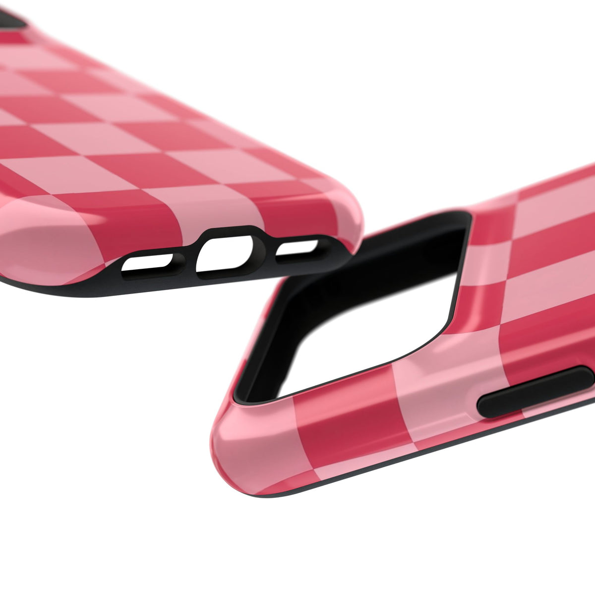 Pink Checkerboard protective phone case, close-up at an angle