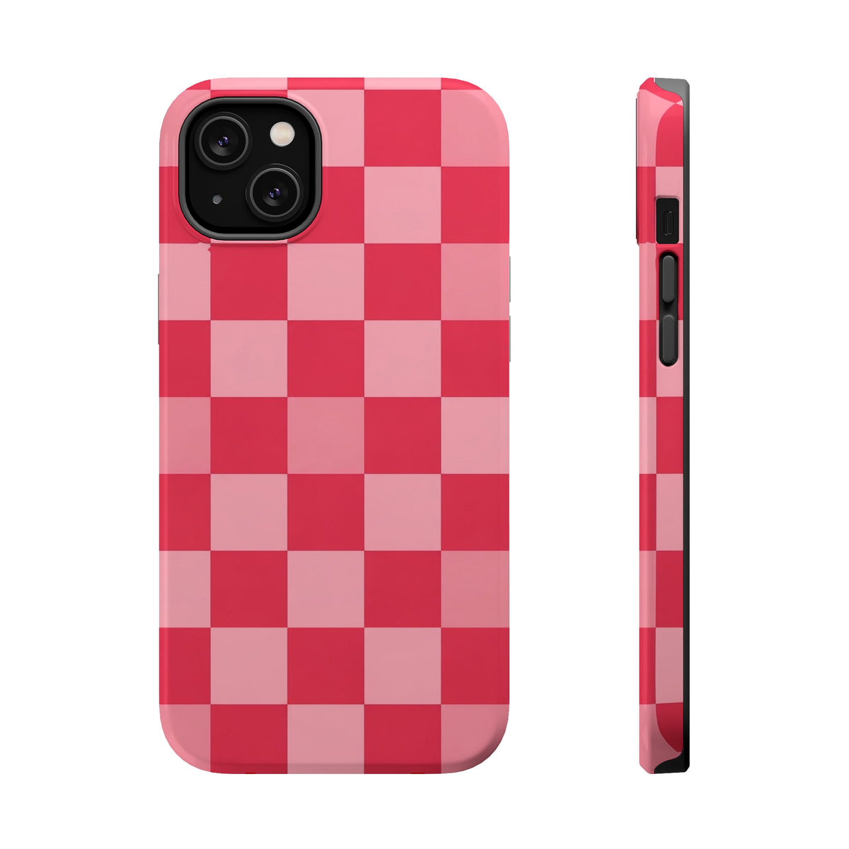 Pink Checkerboard MagSafe case for iPhone 14 Plus, glossy finish