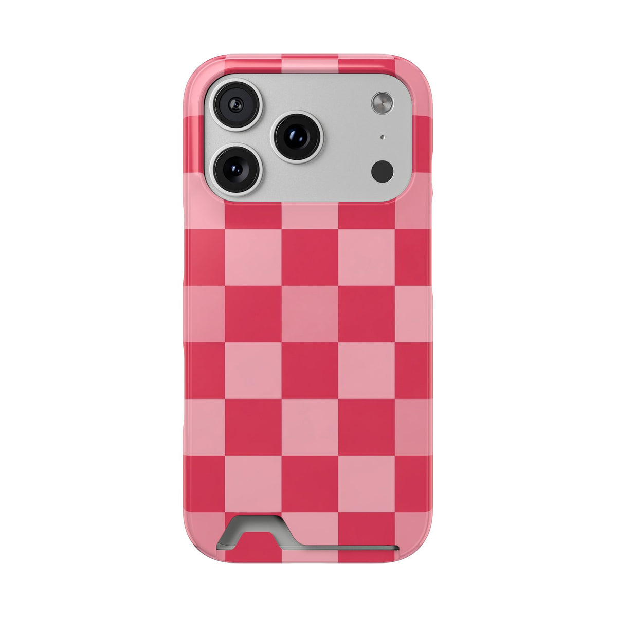 Pink Checkerboard phone case with card holder for iPhone 17 Pro, glossy finish