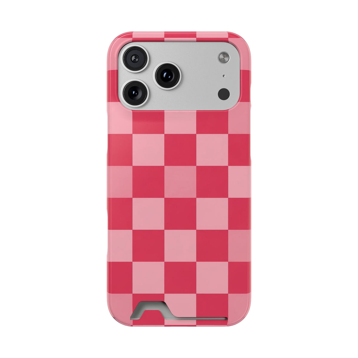 Pink Checkerboard phone case with card holder for iPhone 17 Pro Max, glossy finish