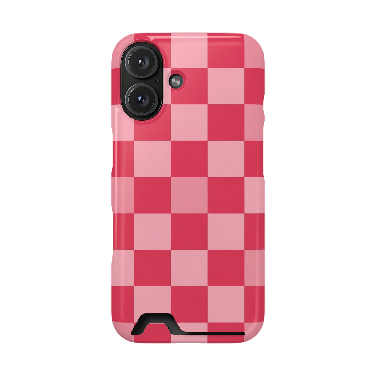 Pink Checkerboard phone case with card holder for iPhone 16, glossy finish