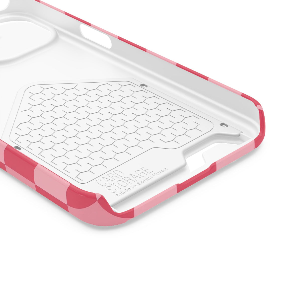 Pink Checkerboard phone case with card holder for iPhone 13, glossy finish