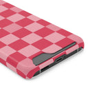 Pink Checkerboard phone case with card holder, close-up of the card slot