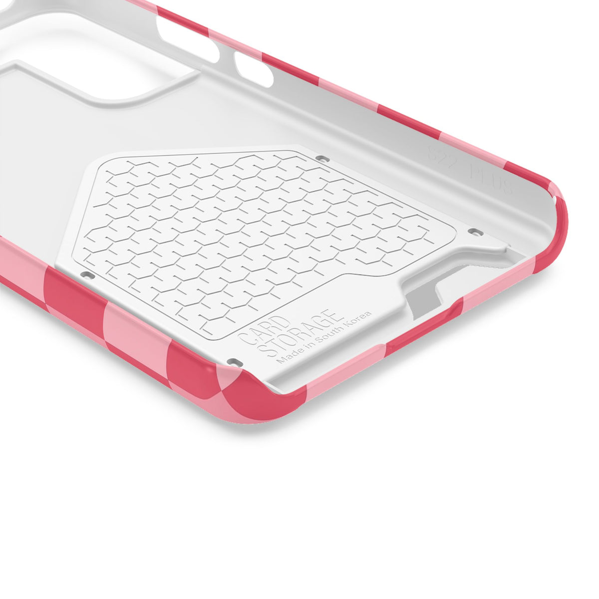 Pink Checkerboard phone case with card holder, close-up of the inside