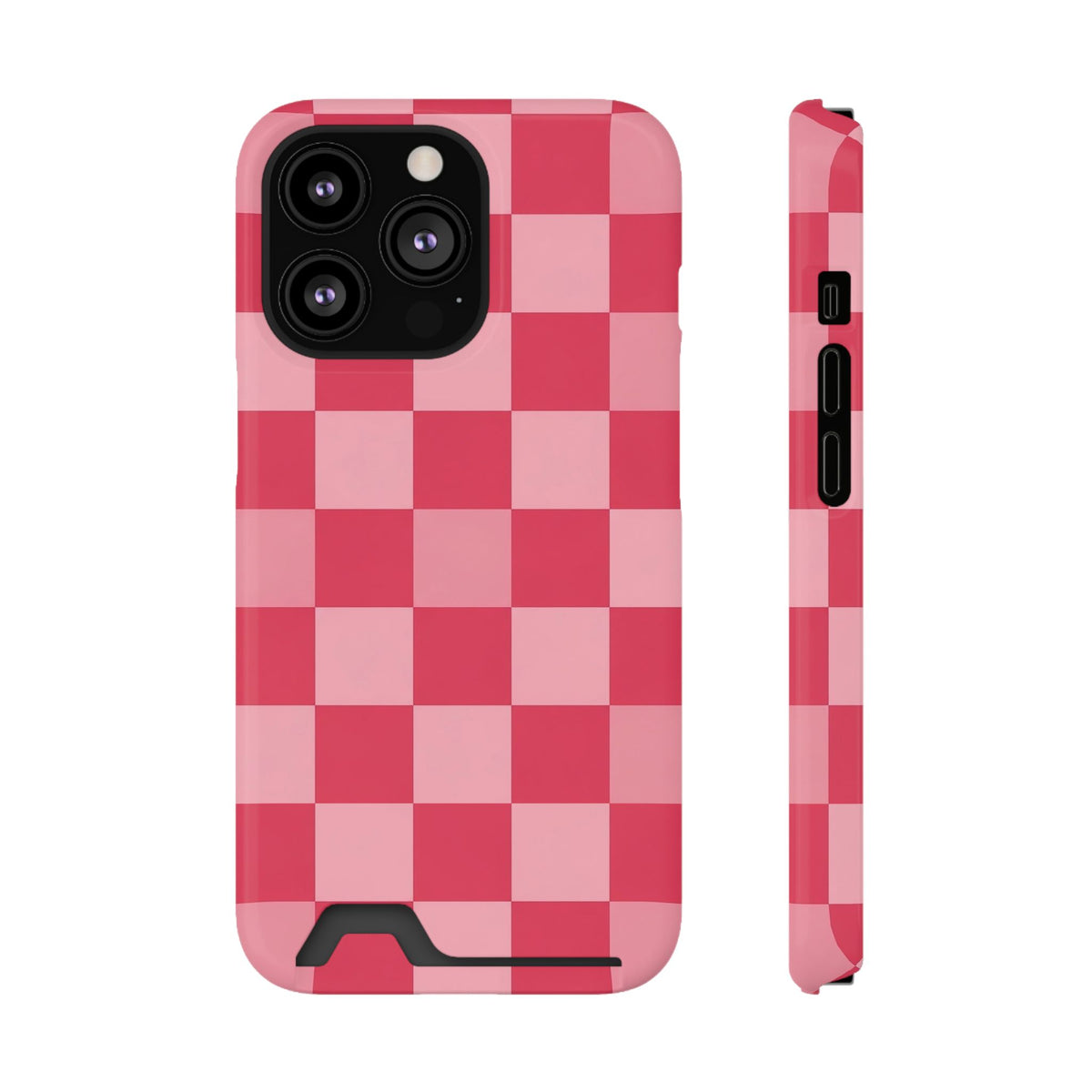 Pink Checkerboard phone case with card holder for iPhone 13 Pro, glossy finish