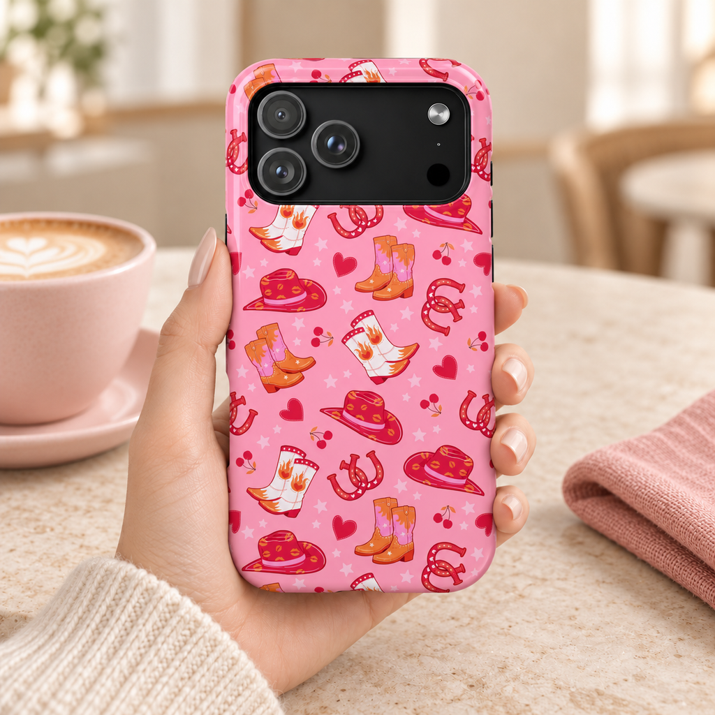 Pink Cowgirl protective phone case, cowgirl hats, boots, horseshoes and hearts on pink, lifestyle photo in hand with coffee