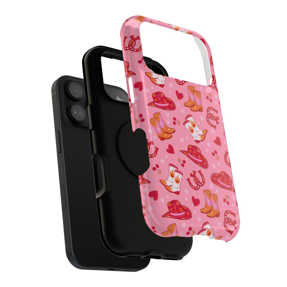 Pink Cowgirl protective phone case, close-up of the dual-layer construction