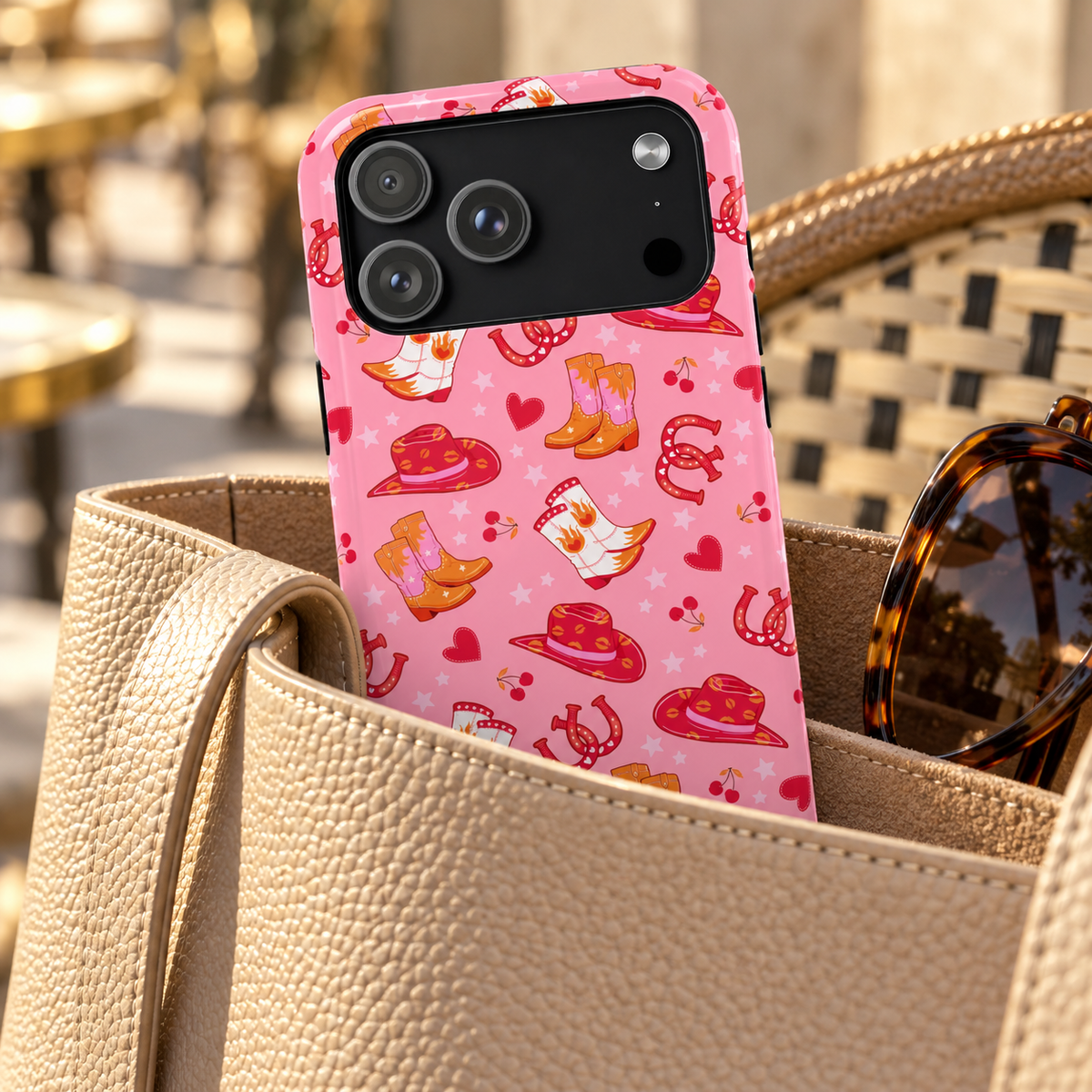 Pink Cowgirl MagSafe case, cowgirl hats, boots, horseshoes and hearts on pink, lifestyle photo in a handbag