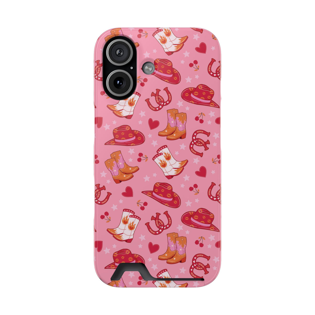 Pink Cowgirl phone case with card holder for iPhone 17, glossy finish