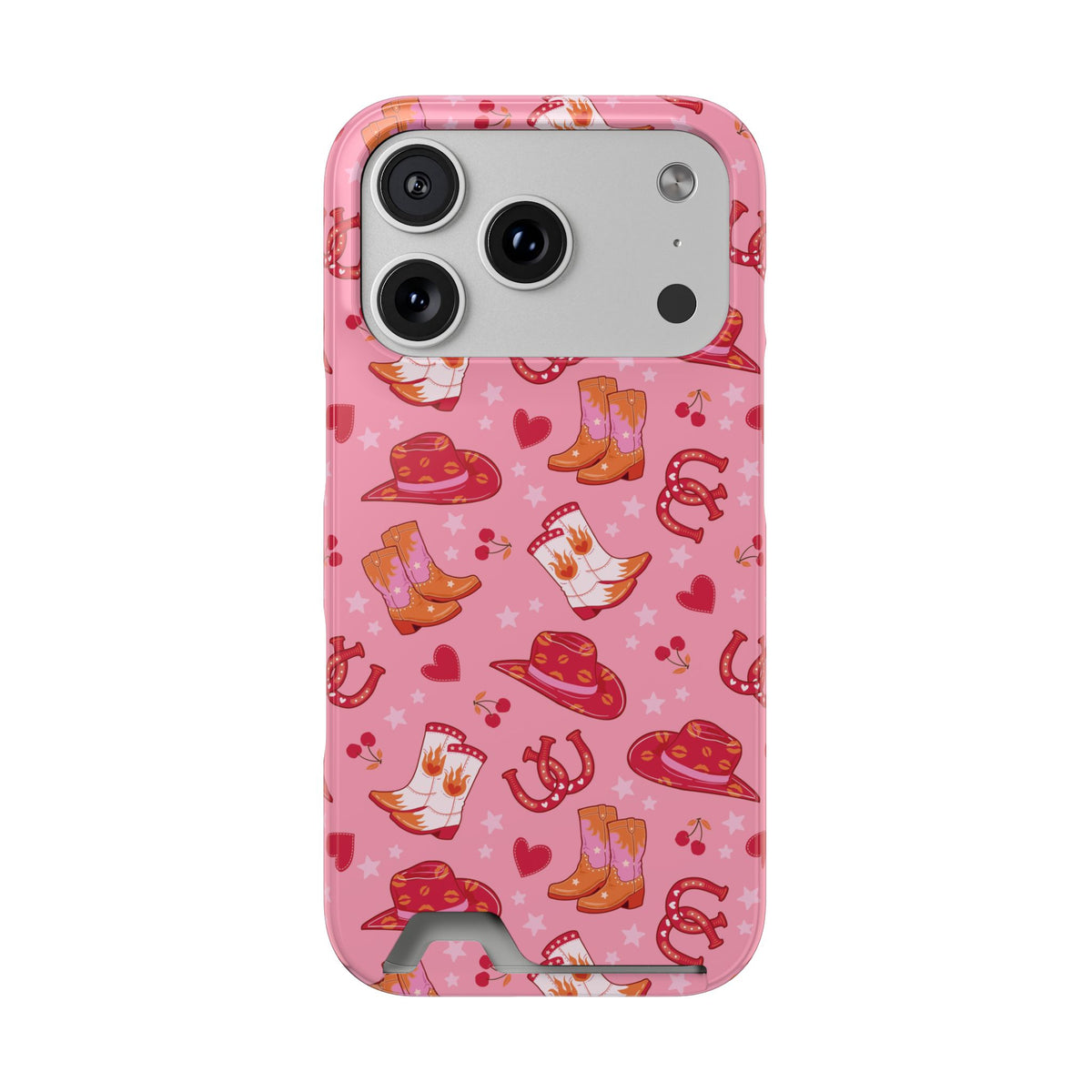 Pink Cowgirl phone case with card holder for iPhone 17 Pro, glossy finish