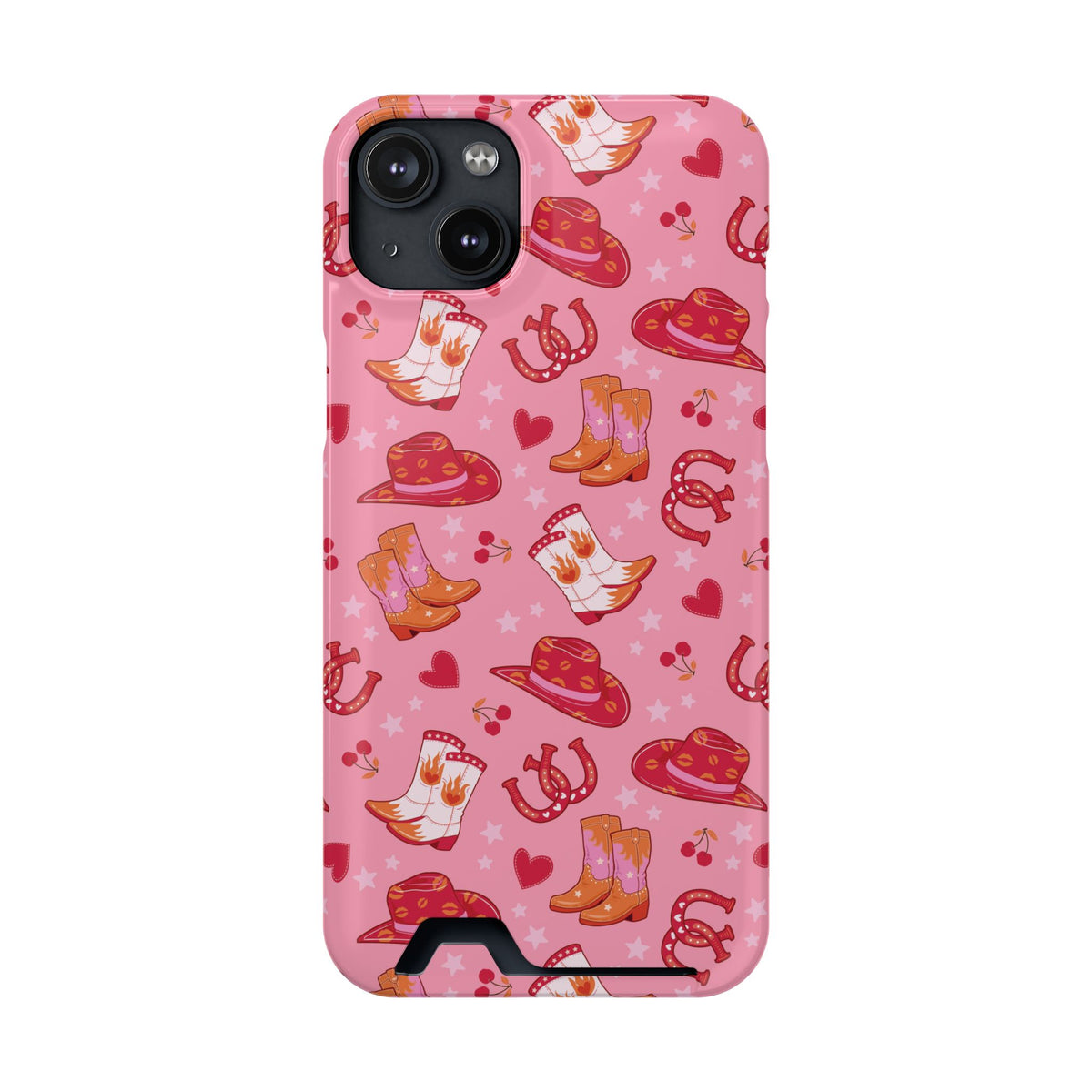 Pink Cowgirl phone case with card holder for iPhone 14 Plus, glossy finish