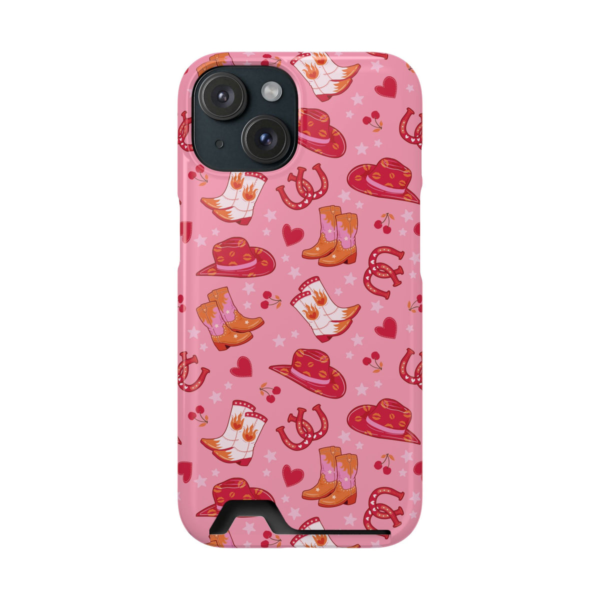 Pink Cowgirl phone case with card holder for iPhone 15, glossy finish
