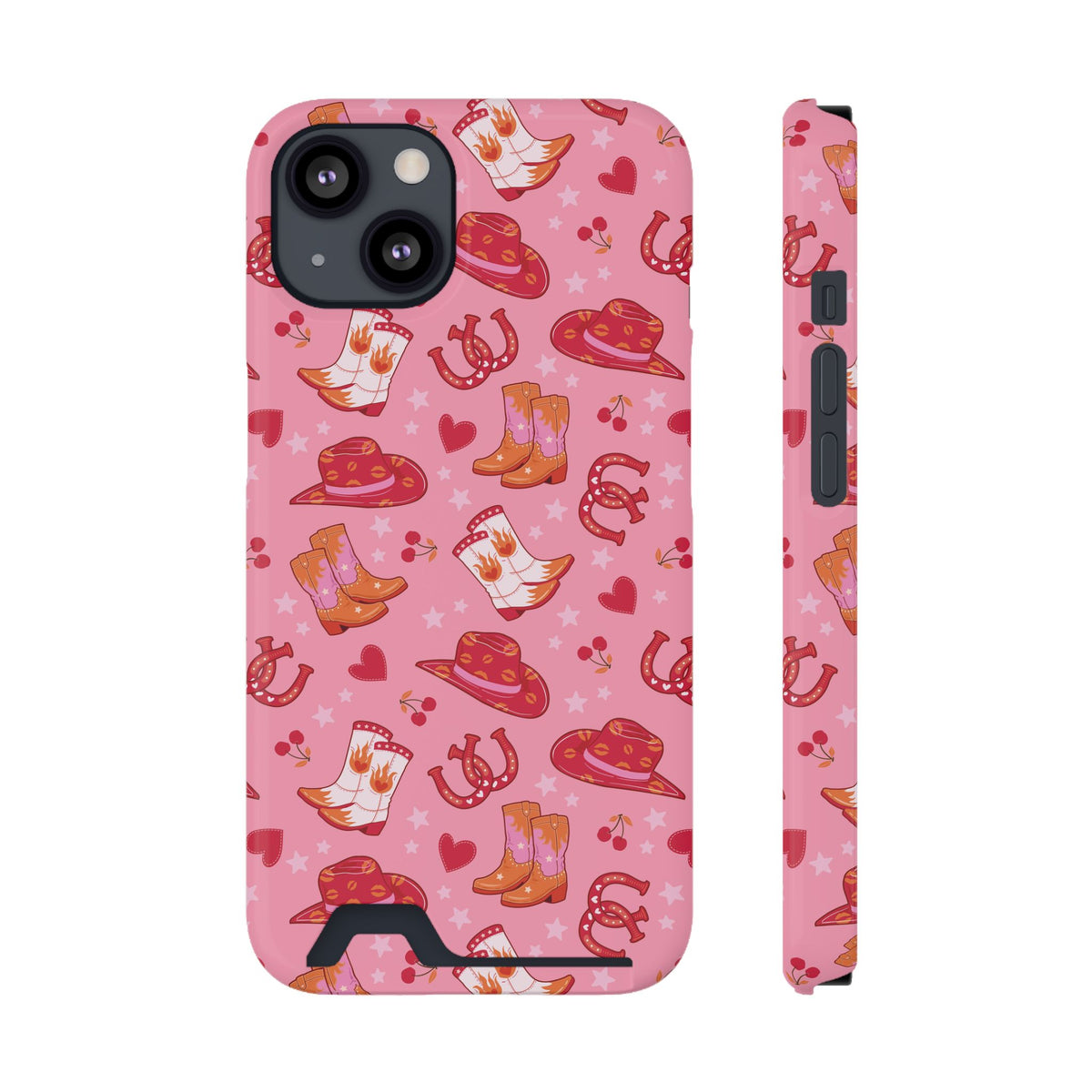 Pink Cowgirl phone case with card holder for iPhone 13, glossy finish