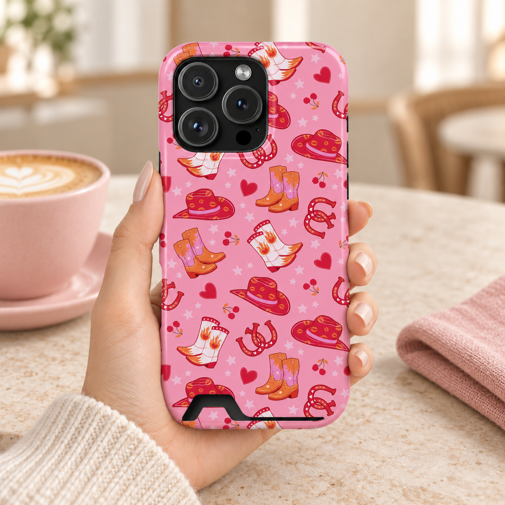 Pink Cowgirl phone case with card holder, cowgirl hats, boots, horseshoes and hearts on pink, lifestyle photo in hand with coffee