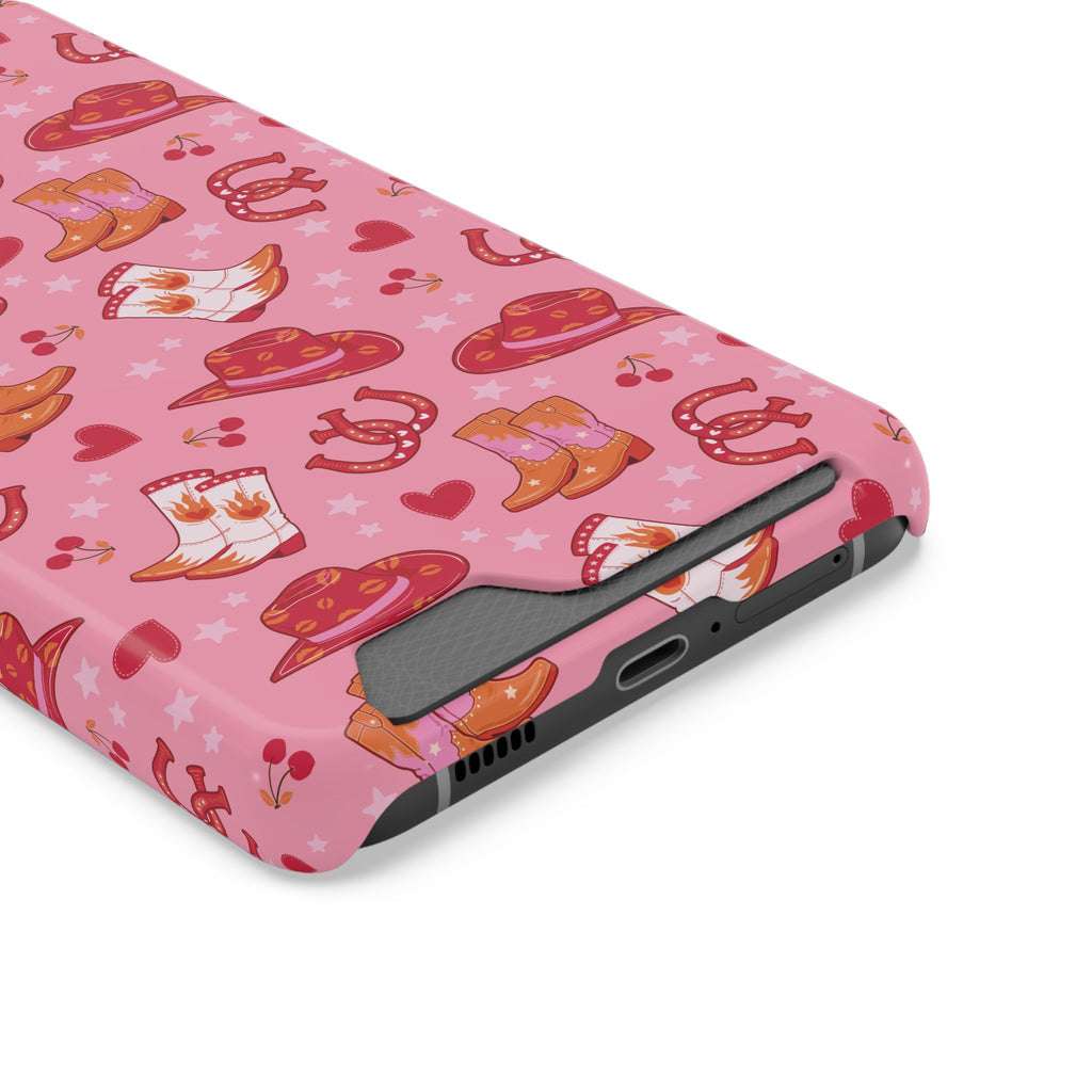 Pink Cowgirl phone case with card holder, close-up of the card slot