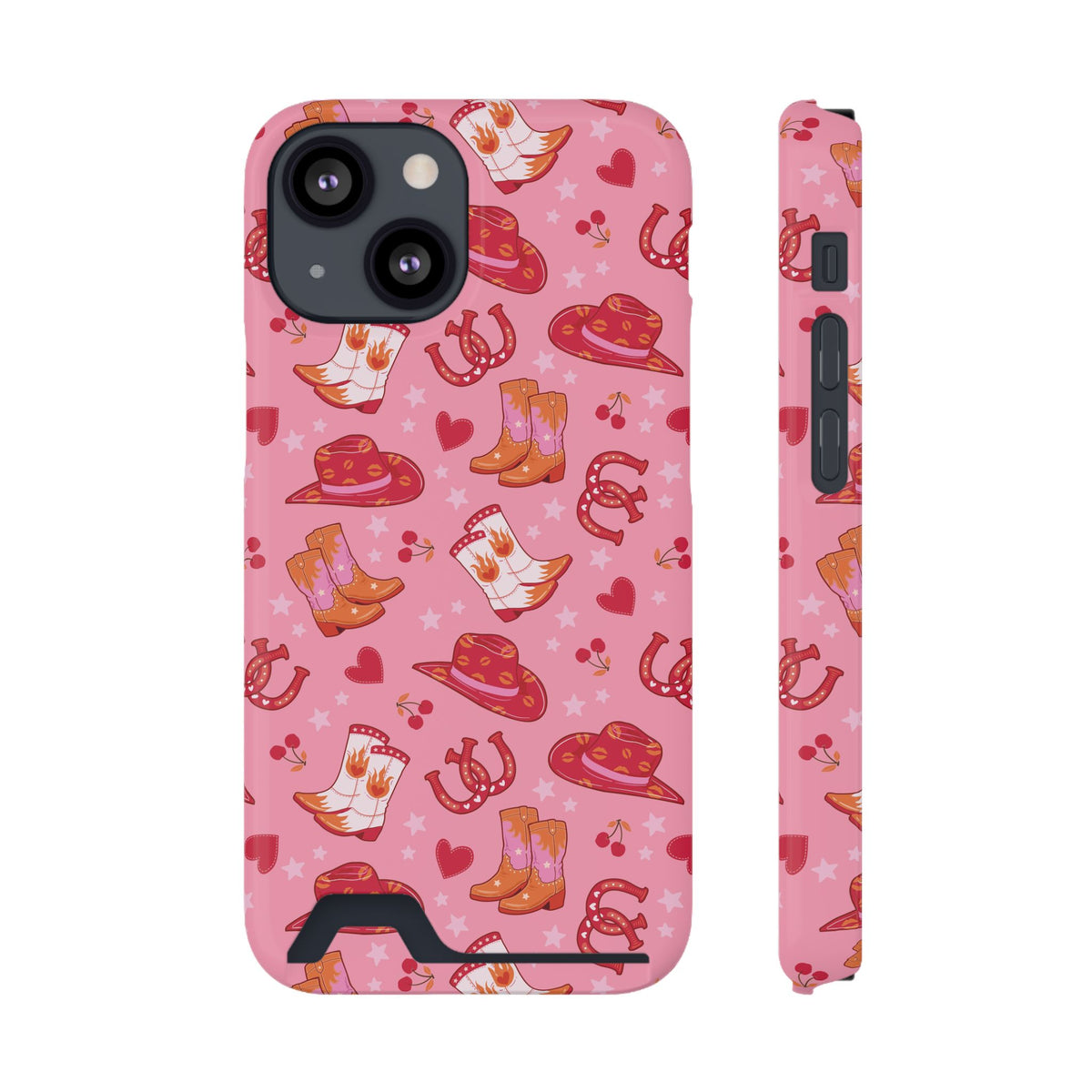 Pink Cowgirl phone case with card holder for iPhone 13 Mini, glossy finish