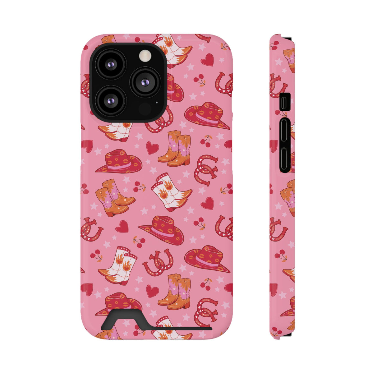 Pink Cowgirl phone case with card holder for iPhone 13 Pro, glossy finish