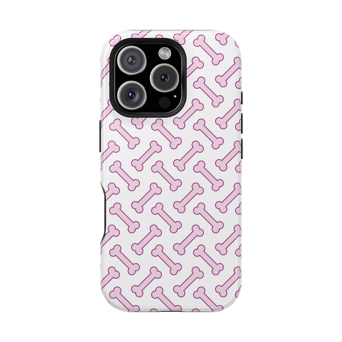 Pink Dog Bone protective phone case for iPhone 16 Pro, glossy finish