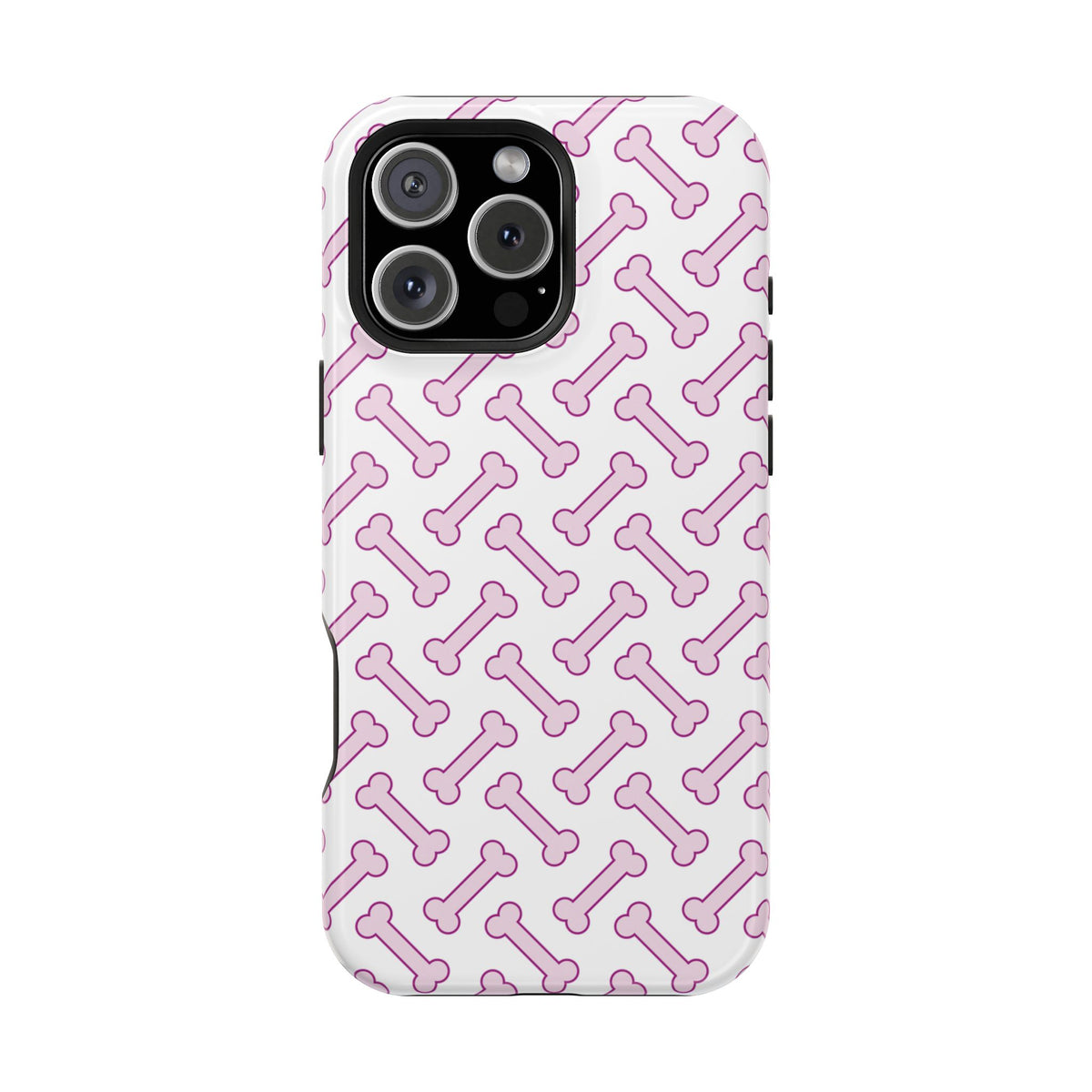 Pink Dog Bone protective phone case for iPhone 16 Pro Max, glossy finish