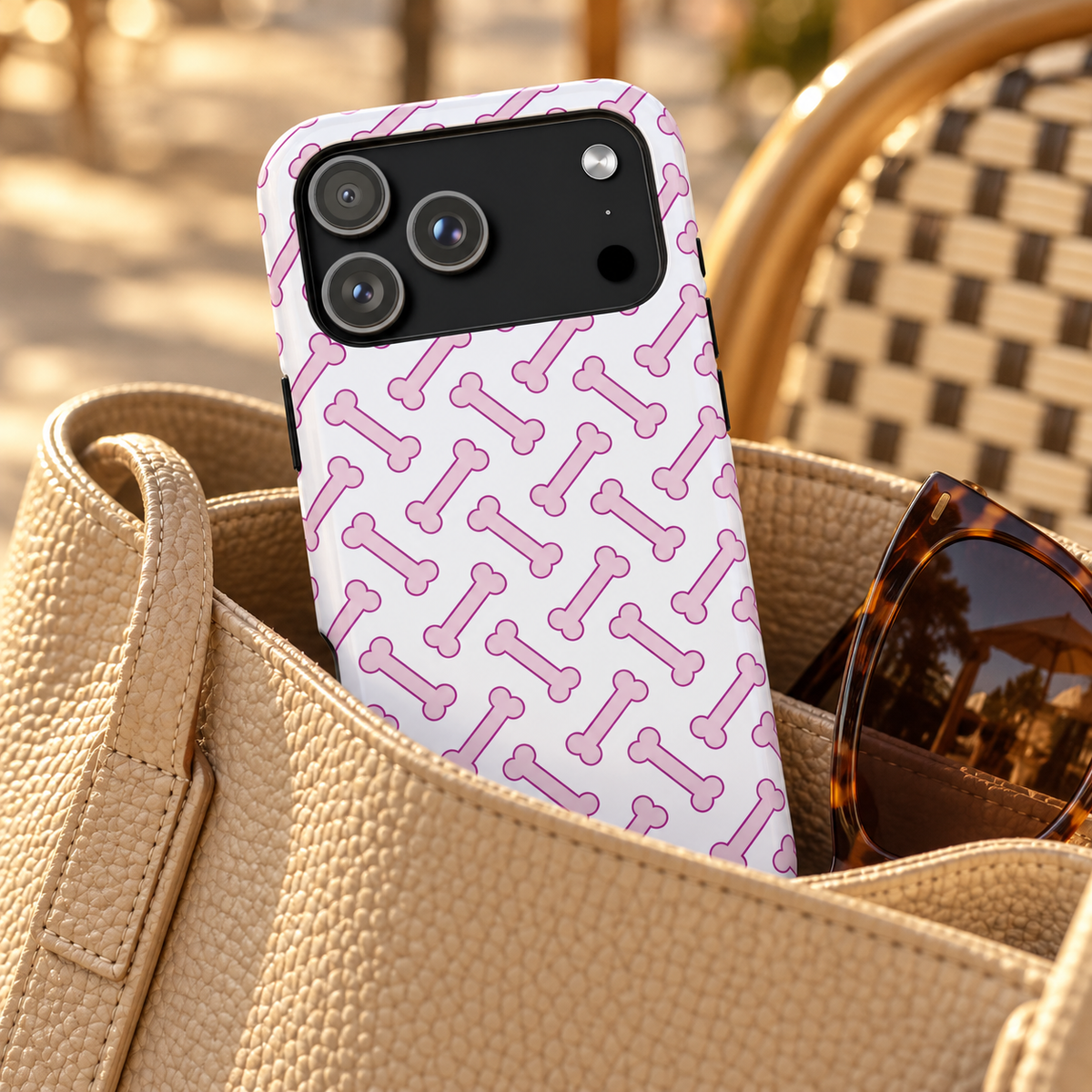 Pink Dog Bone protective phone case, pink dog bones on white, lifestyle photo in a handbag