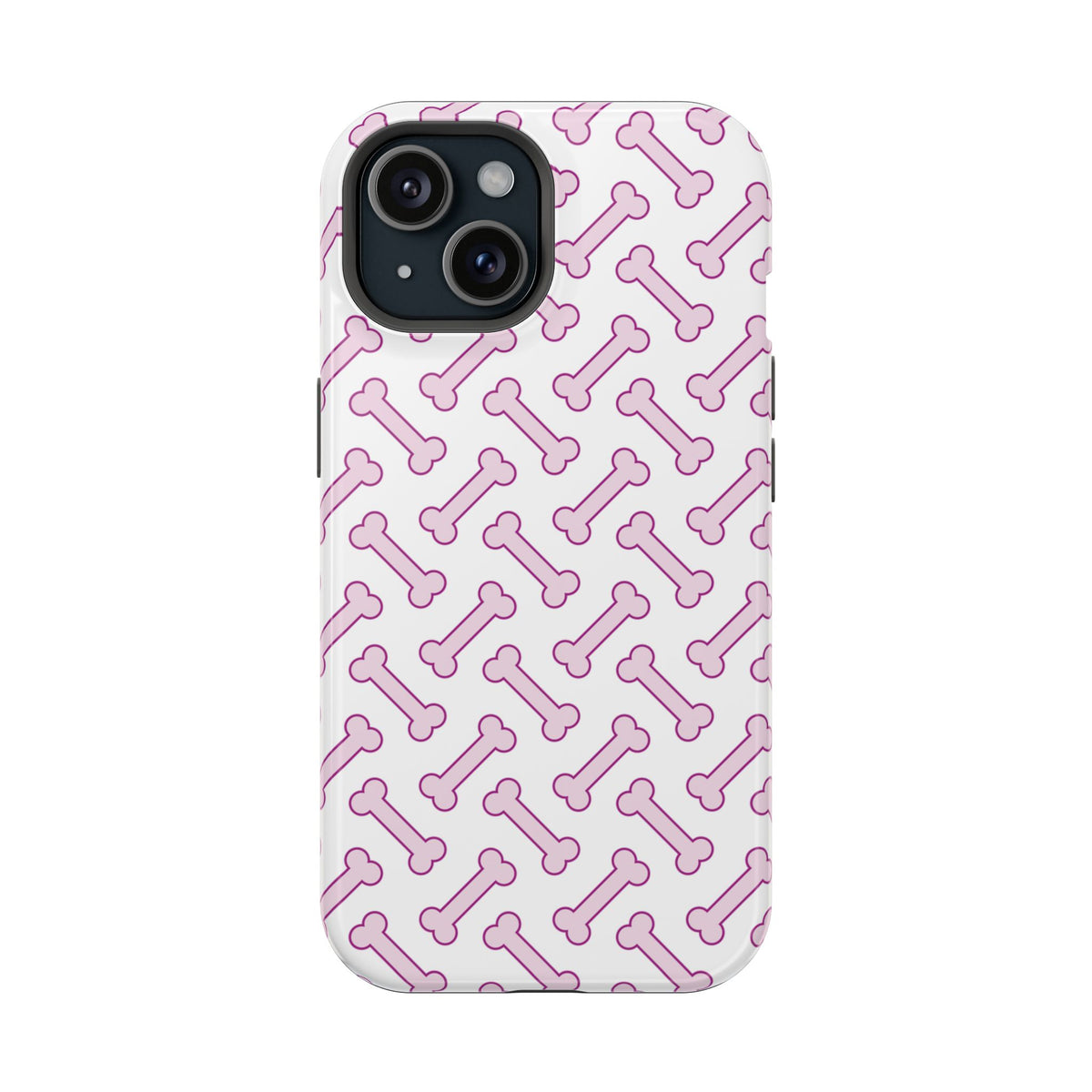 Pink Dog Bone MagSafe case for iPhone 15, glossy finish