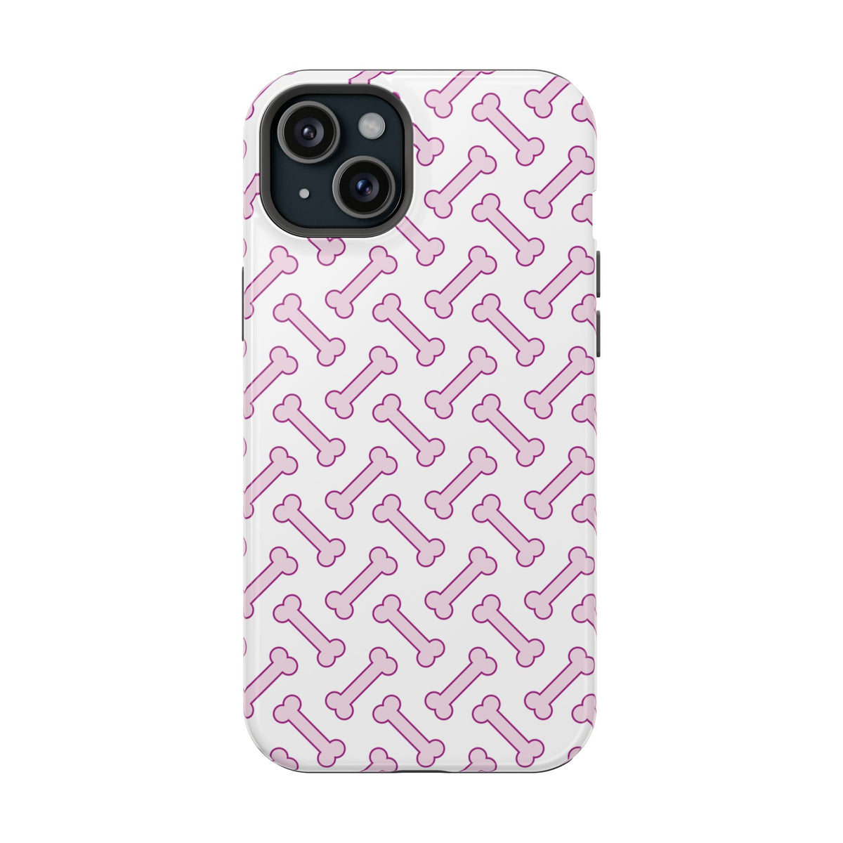 Pink Dog Bone MagSafe case for iPhone 15 Plus, glossy finish