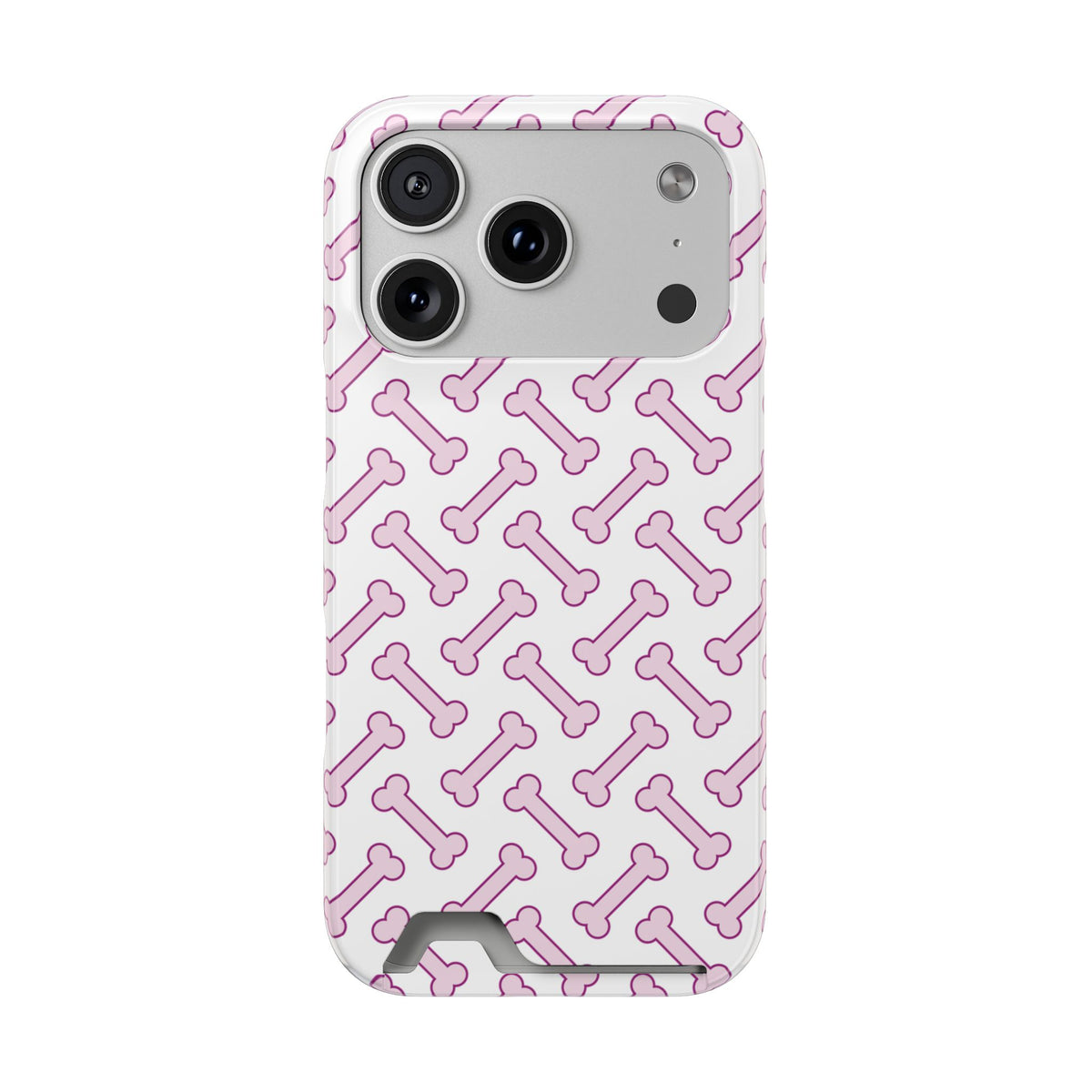 Pink Dog Bone phone case with card holder for iPhone 17 Pro, glossy finish