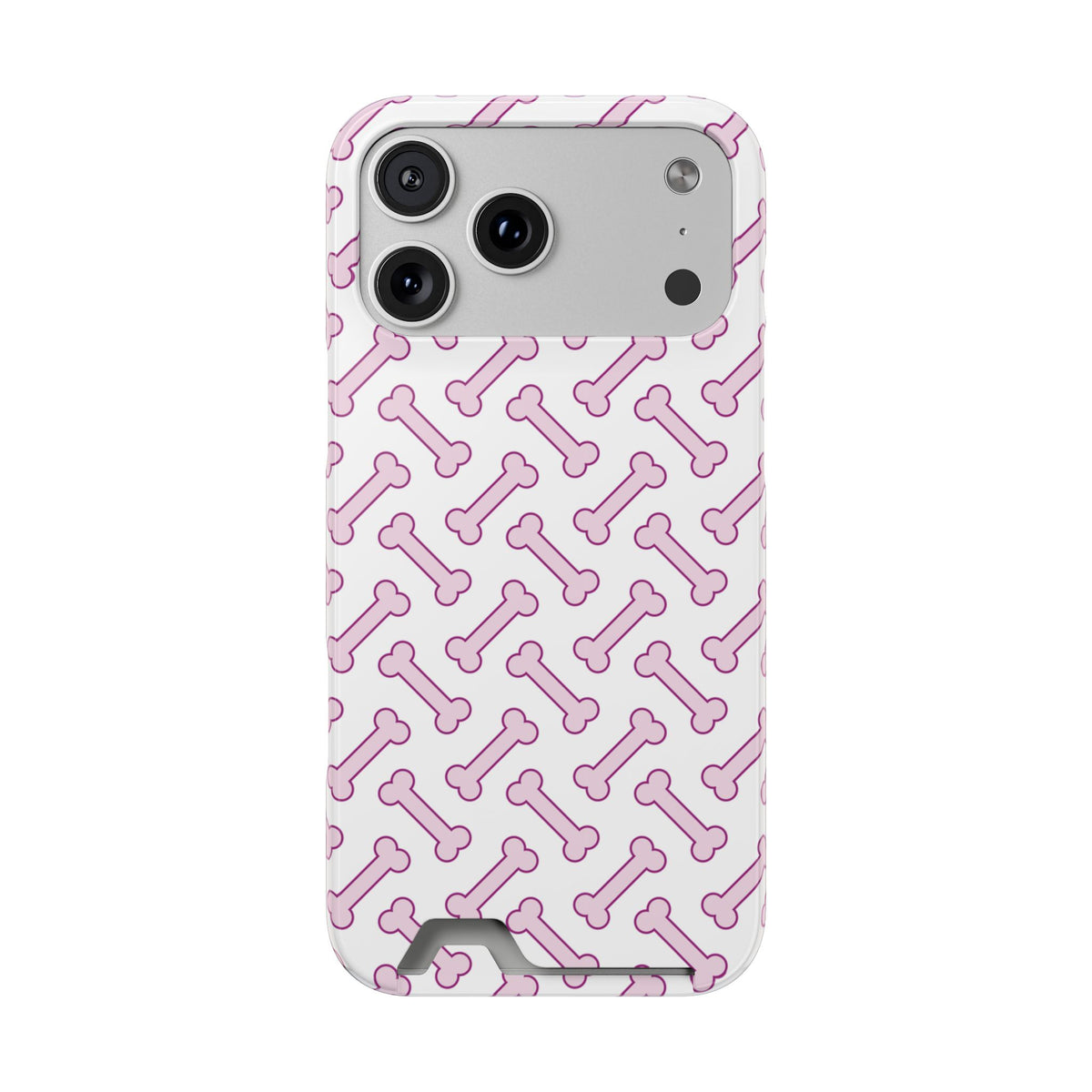 Pink Dog Bone phone case with card holder for iPhone 17 Pro Max, glossy finish